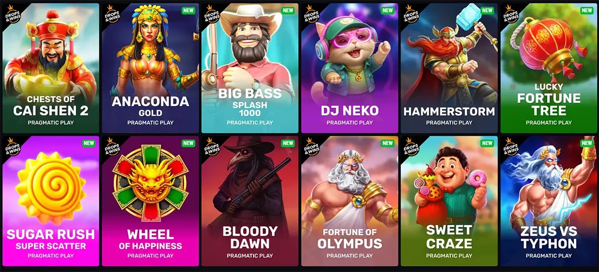 A selection of new Pragmatic Play slot games displayed in a grid, featuring titles like Chests of Cai Shen 2, Anaconda Gold, Big Bass Splash 1000, DJ Neko, Hammerstorm, Lucky Fortune Tree, Sugar Rush Super Scatter, Wheel of Happiness, Bloody Dawn, Fortune of Olympus, Sweet Craze, and Zeus vs Typhon, all part of the Drops & Wins promotion.