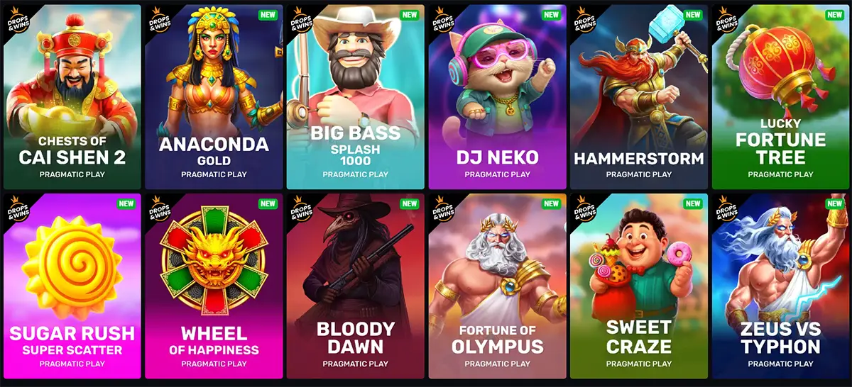 A selection of new Pragmatic Play slot games displayed in a grid, featuring titles like Chests of Cai Shen 2, Anaconda Gold, Big Bass Splash 1000, DJ Neko, Hammerstorm, Lucky Fortune Tree, Sugar Rush Super Scatter, Wheel of Happiness, Bloody Dawn, Fortune of Olympus, Sweet Craze, and Zeus vs Typhon, all part of the Drops & Wins promotion.
